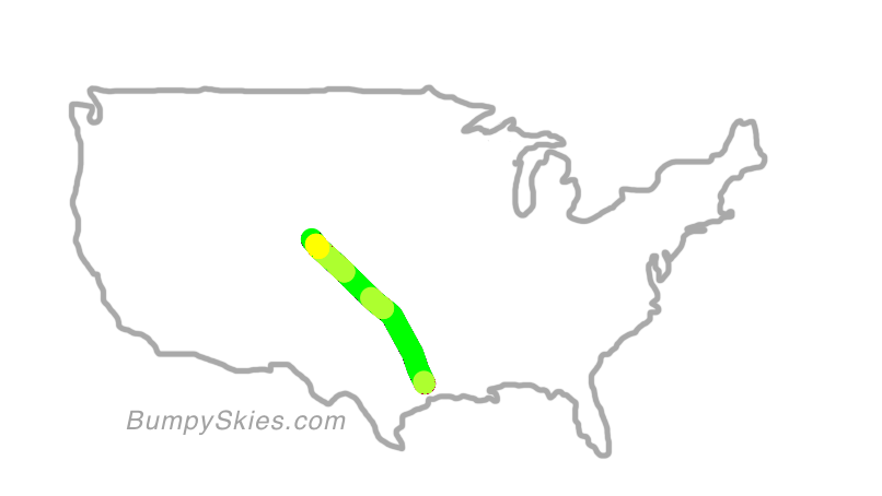 Map of continental US with illustrated flight path and turbulence forecast (described in text below)