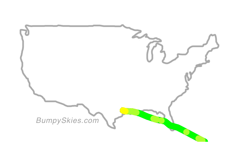 Map of continental US with illustrated flight path and turbulence forecast (described in text below)