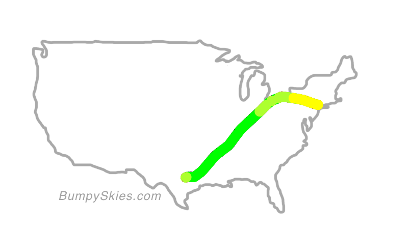 Map of continental US with illustrated flight path and turbulence forecast (described in text below)