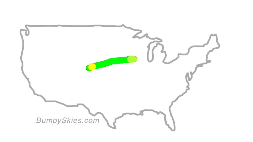 Map of continental US with illustrated flight path and turbulence forecast (described in text below)