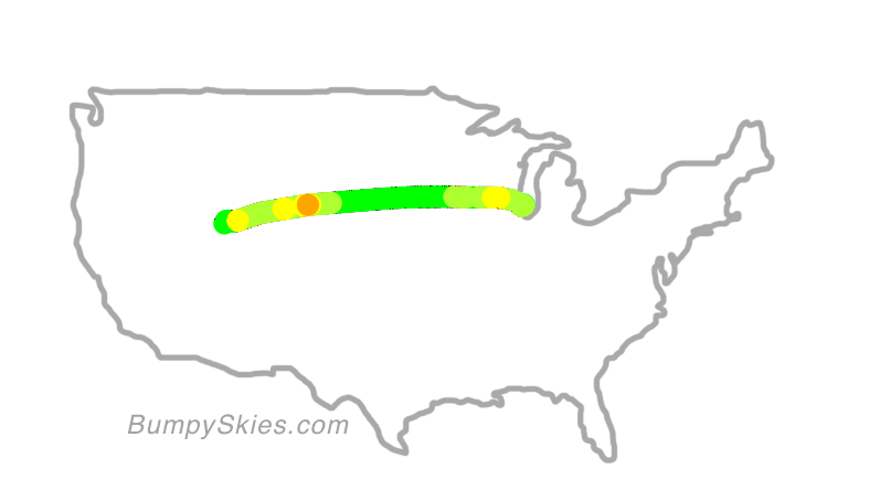 Map of continental US with illustrated flight path and turbulence forecast (described in text below)