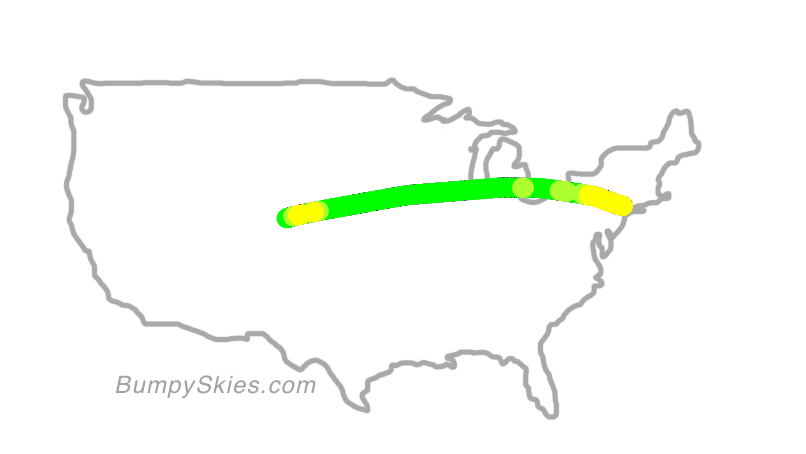 Map of continental US with illustrated flight path and turbulence forecast (described in text below)