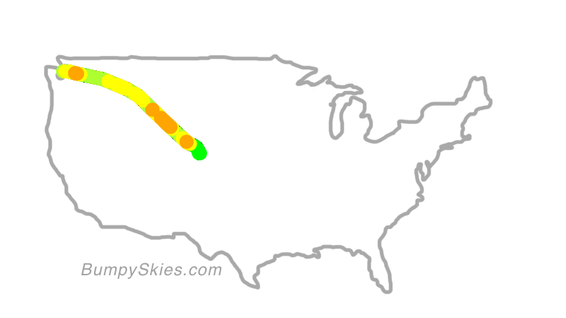 Map of continental US with illustrated flight path and turbulence forecast (described in text below)