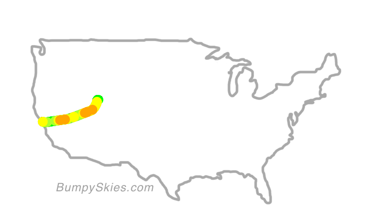 Map of continental US with illustrated flight path and turbulence forecast (described in text below)