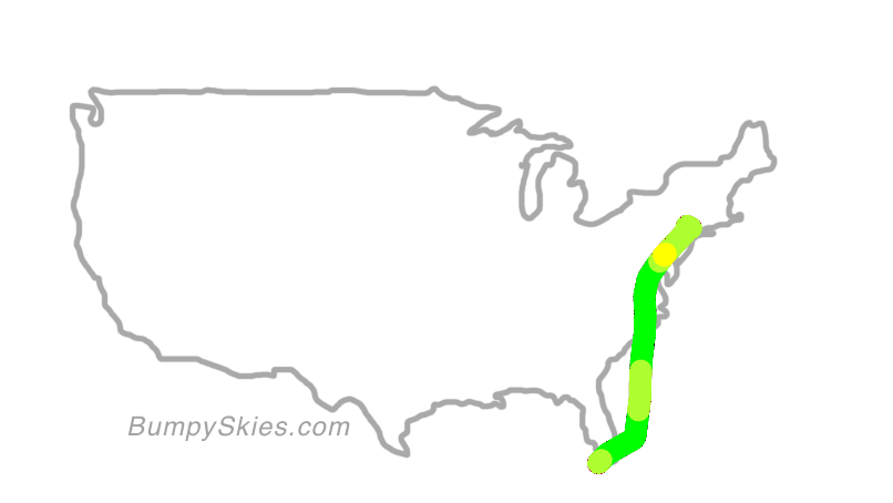 Map of continental US with illustrated flight path and turbulence forecast (described in text below)