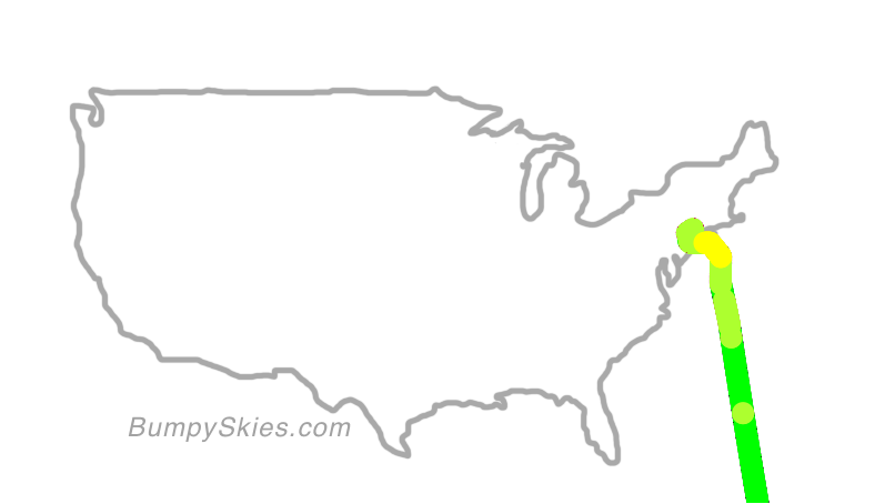 Map of continental US with illustrated flight path and turbulence forecast (described in text below)