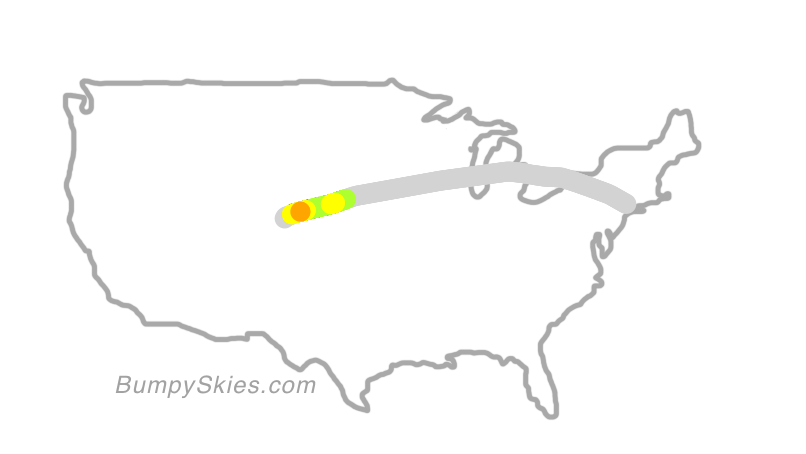 Map of continental US with illustrated flight path and turbulence forecast (described in text below)