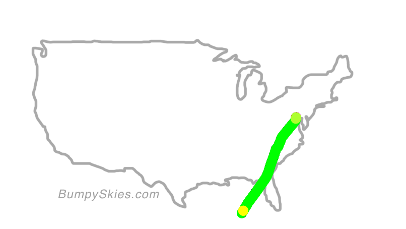 Map of continental US with illustrated flight path and turbulence forecast (described in text below)