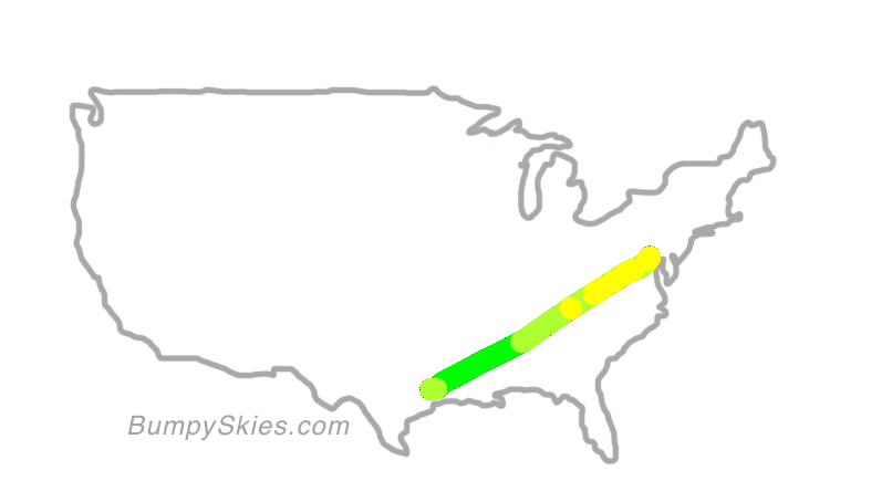 Map of continental US with illustrated flight path and turbulence forecast (described in text below)