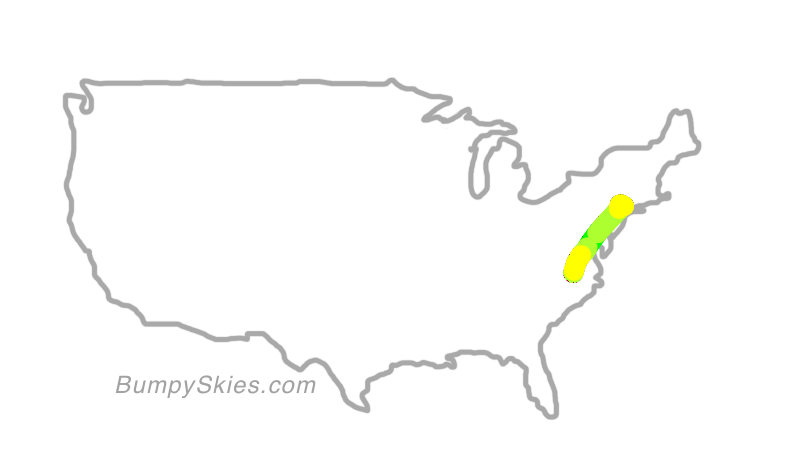 Map of continental US with illustrated flight path and turbulence forecast (described in text below)