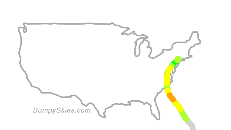 Map of continental US with illustrated flight path and turbulence forecast (described in text below)