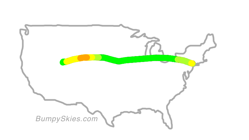 Map of continental US with illustrated flight path and turbulence forecast (described in text below)