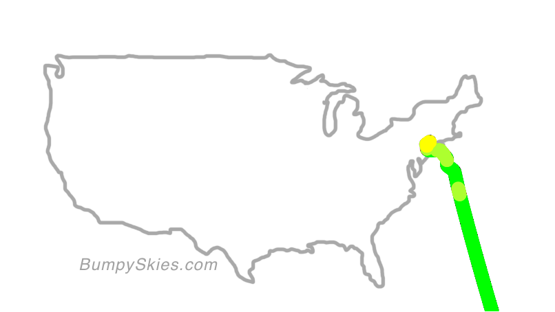 Map of continental US with illustrated flight path and turbulence forecast (described in text below)