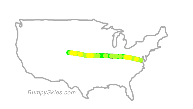 Map of continental US with illustrated flight path and turbulence forecast (described in text below)