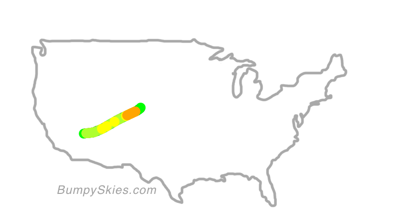 Map of continental US with illustrated flight path and turbulence forecast (described in text below)