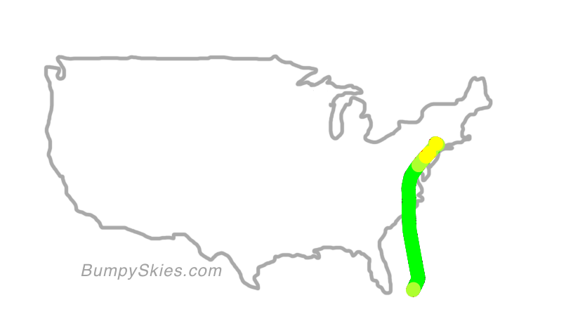 Map of continental US with illustrated flight path and turbulence forecast (described in text below)
