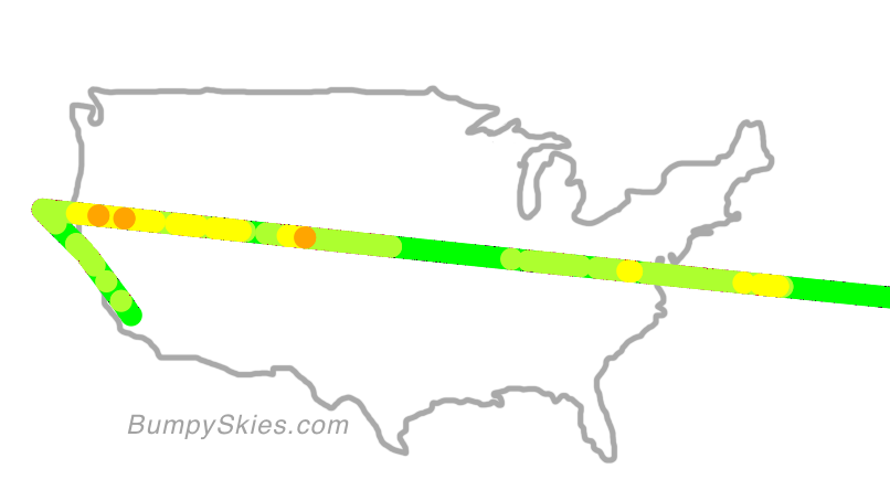 Map of continental US with illustrated flight path and turbulence forecast (described in text below)