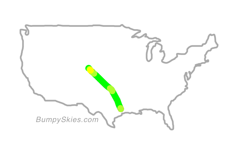 Map of continental US with illustrated flight path and turbulence forecast (described in text below)