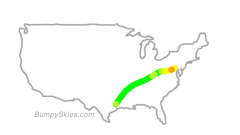 Map of continental US with illustrated flight path and turbulence forecast (described in text below)