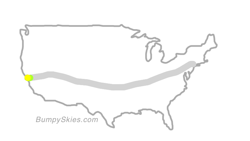 Map of continental US with illustrated flight path and turbulence forecast (described in text below)