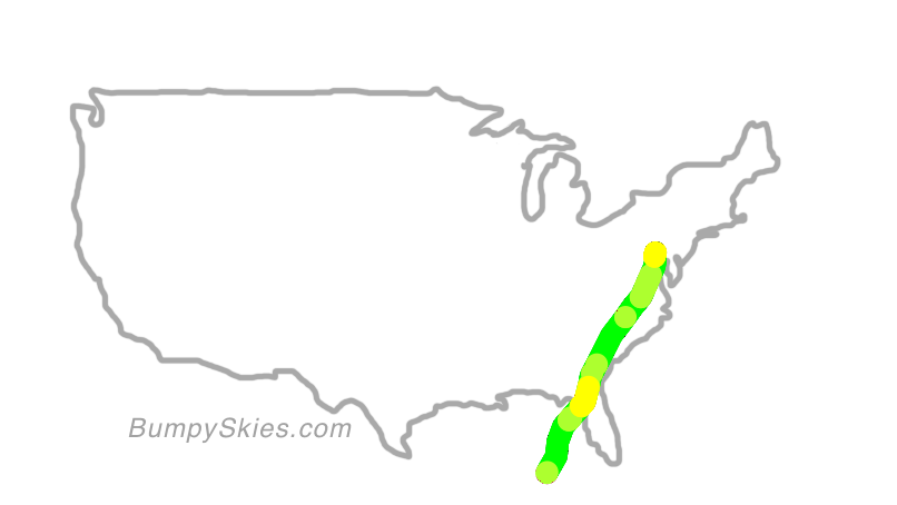 Map of continental US with illustrated flight path and turbulence forecast (described in text below)
