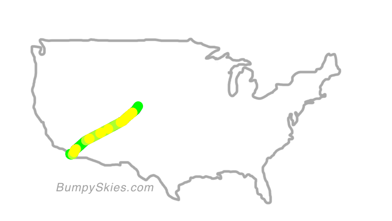 Map of continental US with illustrated flight path and turbulence forecast (described in text below)