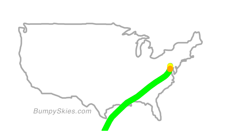 Map of continental US with illustrated flight path and turbulence forecast (described in text below)