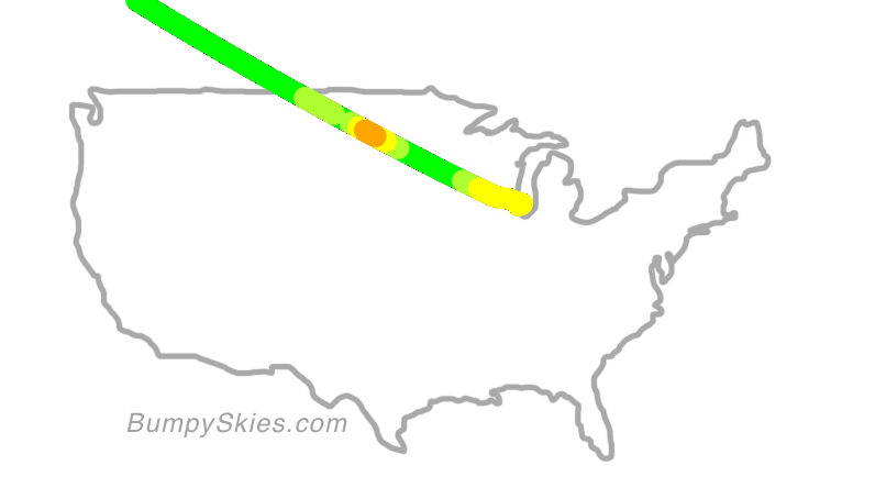 Map of continental US with illustrated flight path and turbulence forecast (described in text below)