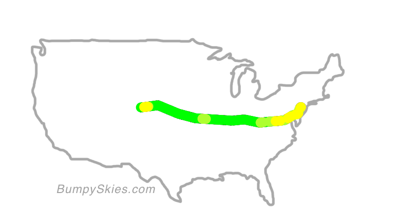 Map of continental US with illustrated flight path and turbulence forecast (described in text below)