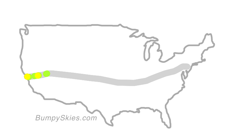 Map of continental US with illustrated flight path and turbulence forecast (described in text below)