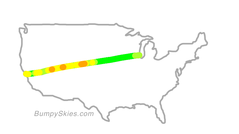 Map of continental US with illustrated flight path and turbulence forecast (described in text below)