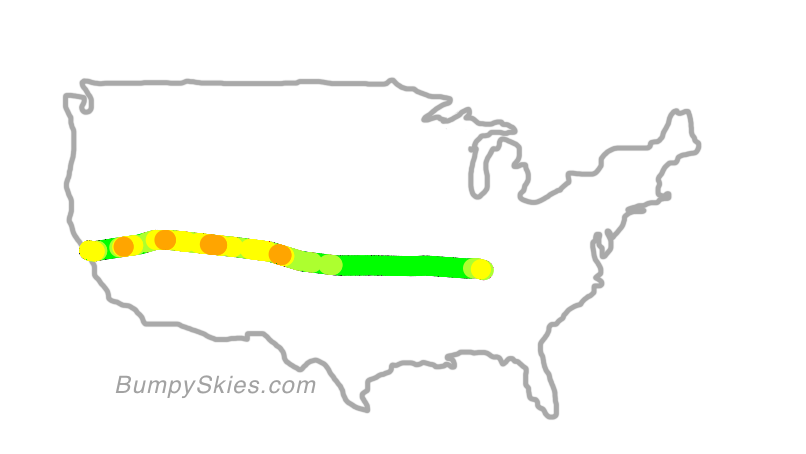 Map of continental US with illustrated flight path and turbulence forecast (described in text below)