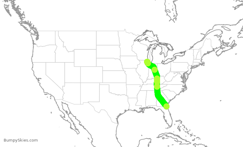 Turbulence forecast map for UAL1581, JAX to ORD