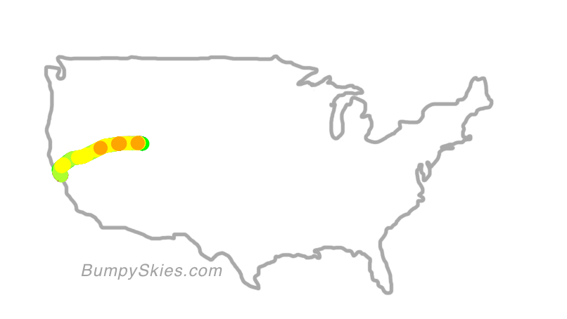 Map of continental US with illustrated flight path and turbulence forecast (described in text below)