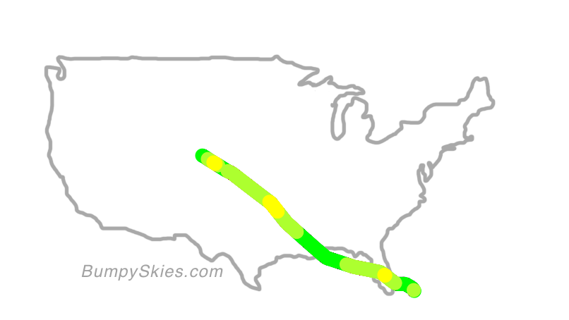 Map of continental US with illustrated flight path and turbulence forecast (described in text below)