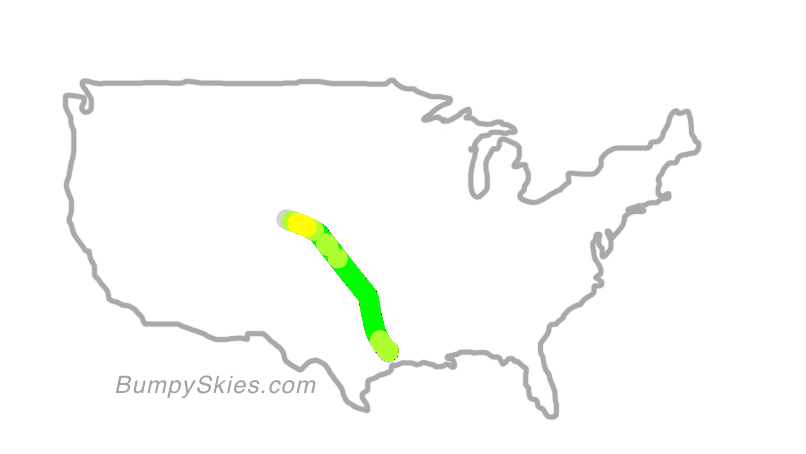 Map of continental US with illustrated flight path and turbulence forecast (described in text below)