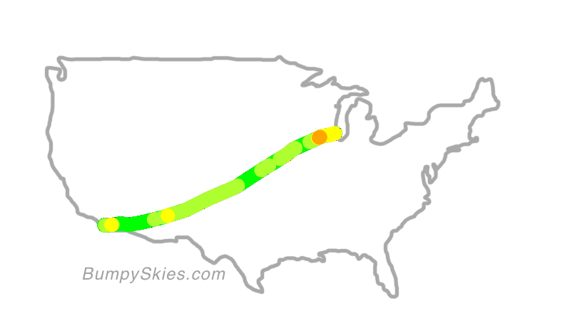Map of continental US with illustrated flight path and turbulence forecast (described in text below)