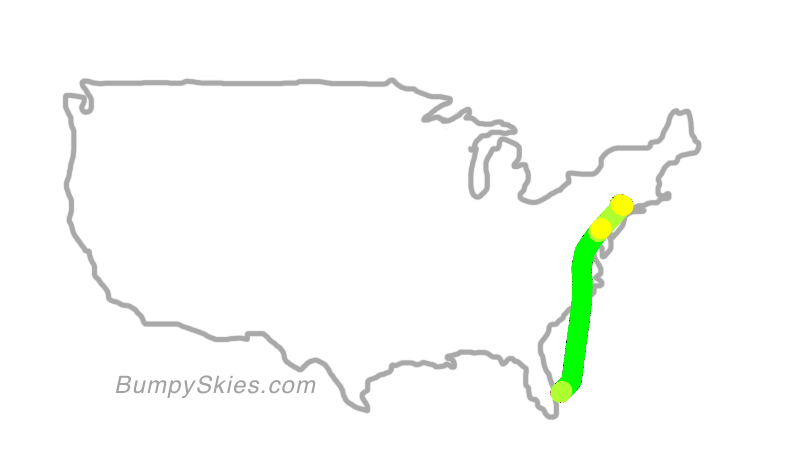 Map of continental US with illustrated flight path and turbulence forecast (described in text below)