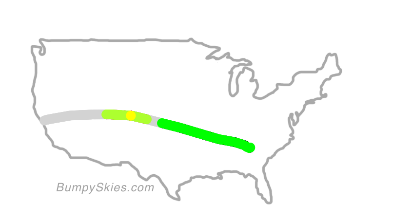 Map of continental US with illustrated flight path and turbulence forecast (described in text below)