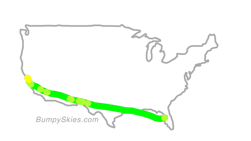 Map of continental US with illustrated flight path and turbulence forecast (described in text below)