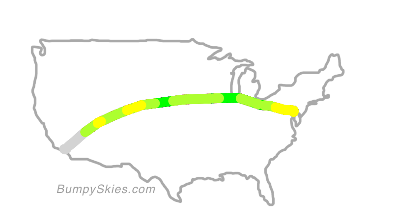 Map of continental US with illustrated flight path and turbulence forecast (described in text below)