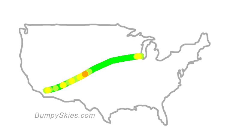 Map of continental US with illustrated flight path and turbulence forecast (described in text below)