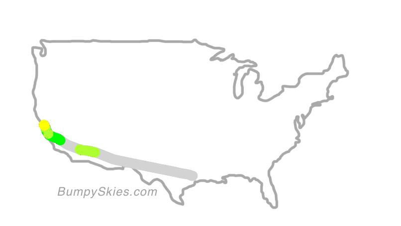Map of continental US with illustrated flight path and turbulence forecast (described in text below)