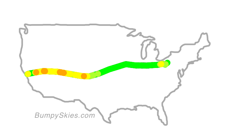 Map of continental US with illustrated flight path and turbulence forecast (described in text below)