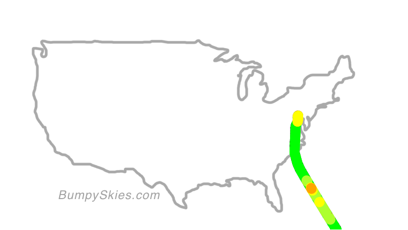 Map of continental US with illustrated flight path and turbulence forecast (described in text below)