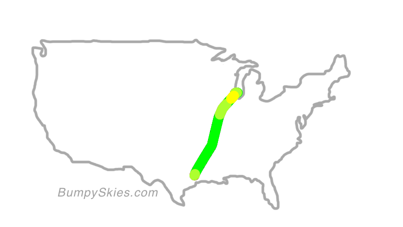 Map of continental US with illustrated flight path and turbulence forecast (described in text below)