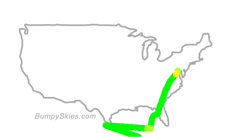 Map of continental US with illustrated flight path and turbulence forecast (described in text below)