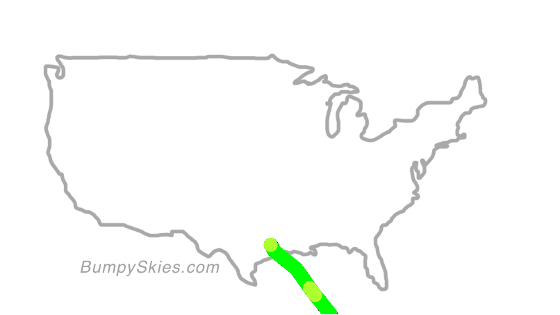 Map of continental US with illustrated flight path and turbulence forecast (described in text below)