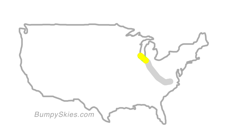 Map of continental US with illustrated flight path and turbulence forecast (described in text below)