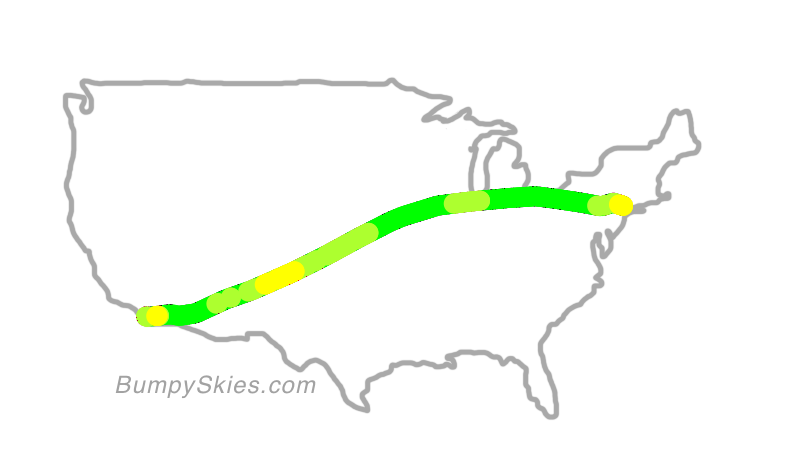 Map of continental US with illustrated flight path and turbulence forecast (described in text below)